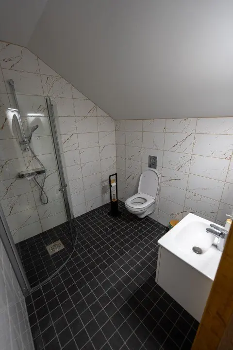 Host house bathroom with a shower corner, toilet and washbasin