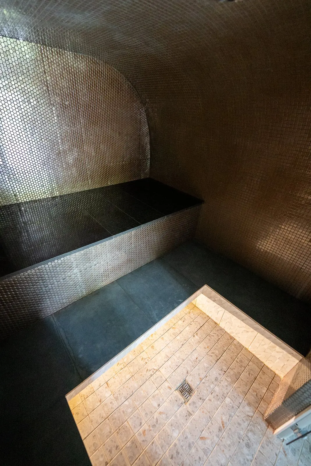 Steam sauna with a mosaic dome and stone bench
