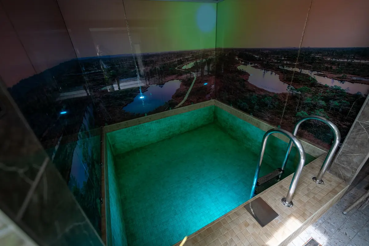 Cold plunge pool with lit water and metal handrails