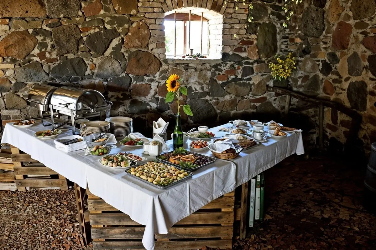 A buffet table with chafing dishes and salads in a stone-walled hall