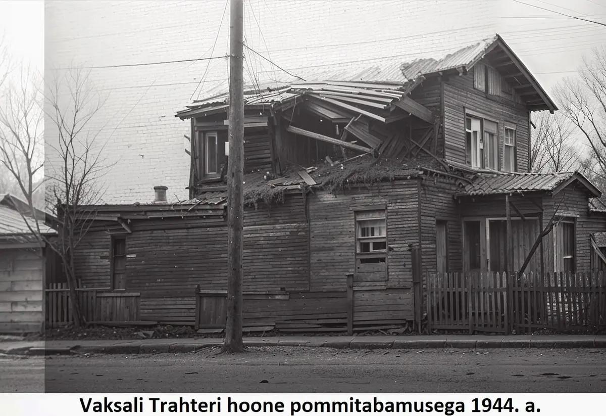 Vanha valokuva: Vaksali Trahterin rakennus pommiosuman jälkeen vuonna 1944